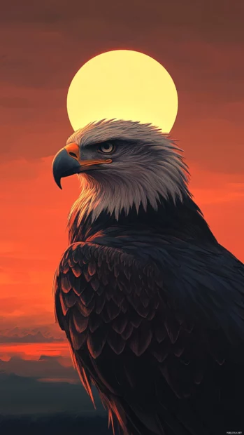 A sharp and focused eagle in front of a sunrise horizon.