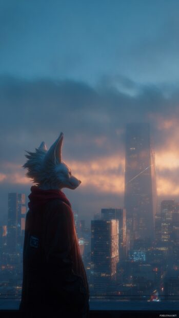 A side profile of Cool Fox with wind in fur, overlooking a cyber metropolis at dawn, layered sky and lighting.