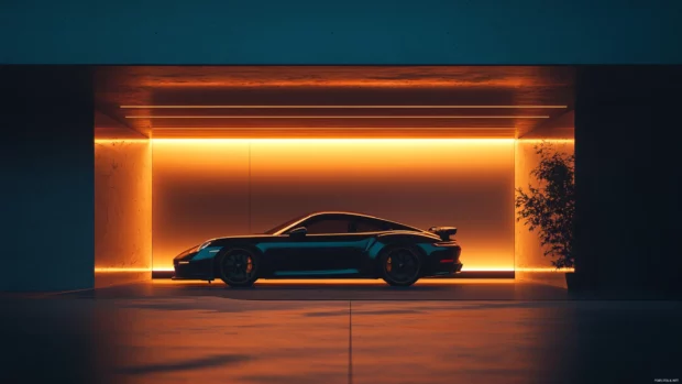 A side profile of Porsche parked in a minimalist garage lit by soft ambient lights creating a luxury feel.
