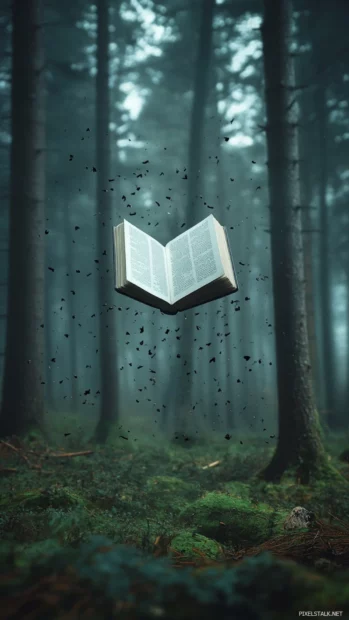 A single book floating mid air in a magical forest atmosphere.
