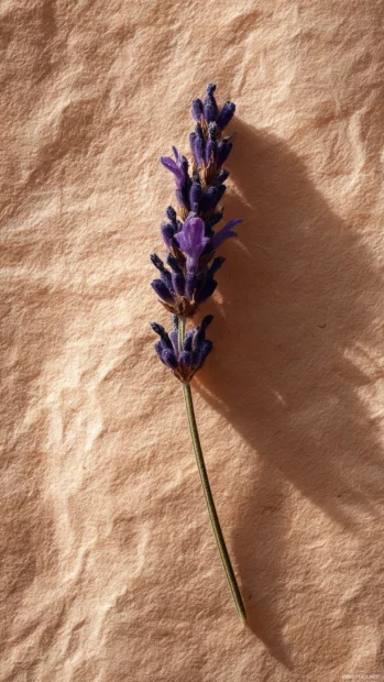 A single sprig of lavender resting on textured parchment with ambient natural lighting.