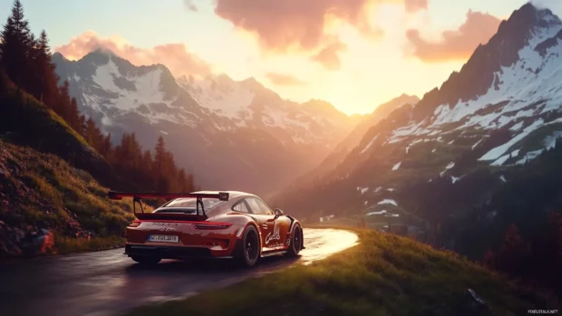 A sleek Porsche 911 gt3 rs racing through a mountain pass under glowing sunset light.