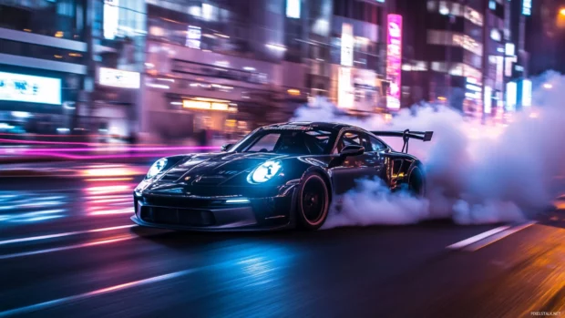 A sleek Porsche 911 gt3 rs racing through a mountain pass under sunset light.