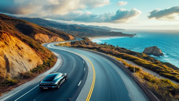 A sleek Porsche Taycan speeding along a coastal highway captured in stunning 4K wallpaper.