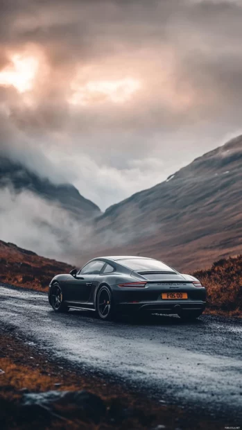 A sleek Porsche parked on a misty mountain road with soft sunlight breaking through the clouds.