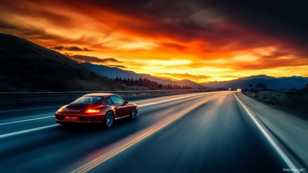A sleek Porsche speeding along a mountain highway under sunset skies, automotive wallpaper.