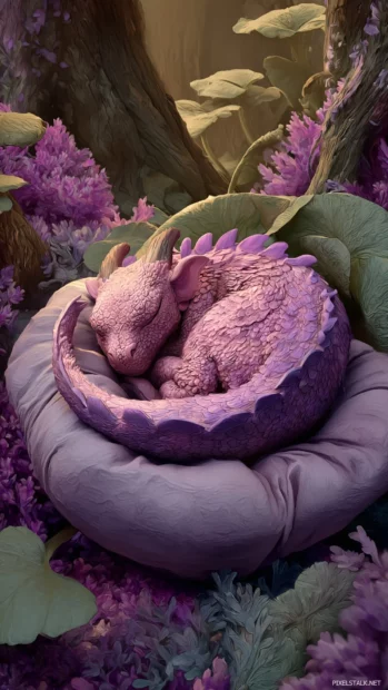 A sleeping baby dragon curled up on a Cute Lavender pillow in a fantasy forest.