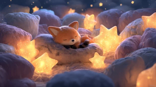 A sleepy Cute Fox surrounded by glowing stars and plush pillows in a celestial nursery, peaceful night ambiance.