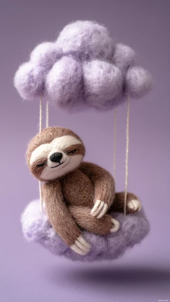 A sleepy sloth on a cloud hammock made of soft Cute Lavender threads.