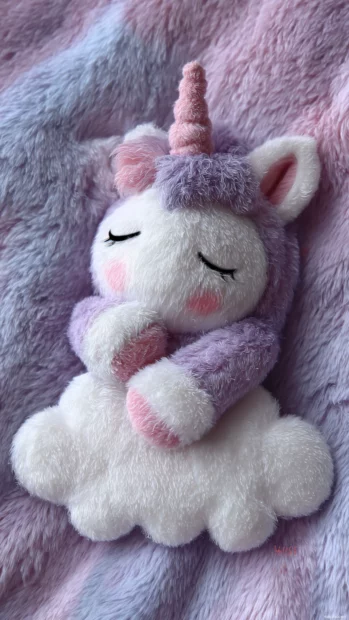 A sleepy unicorn tucked into a Cute Lavender cloud blanket.