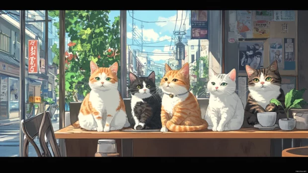A small anime cat cafe with adorable cats lounging by the window in a cozy Tokyo street.