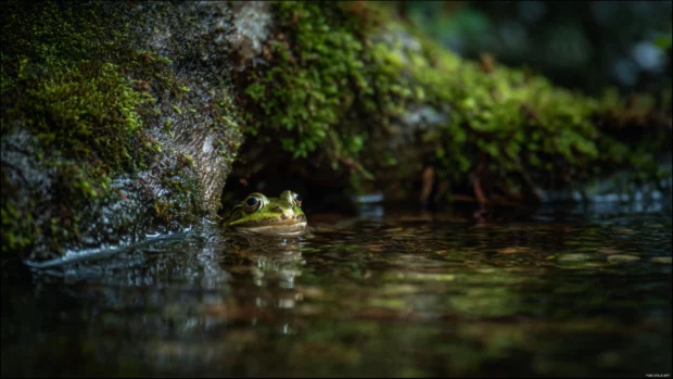 A small green Frog peeking from behind a mossy rock in a quiet forest pond, soft ripples and warm tones.