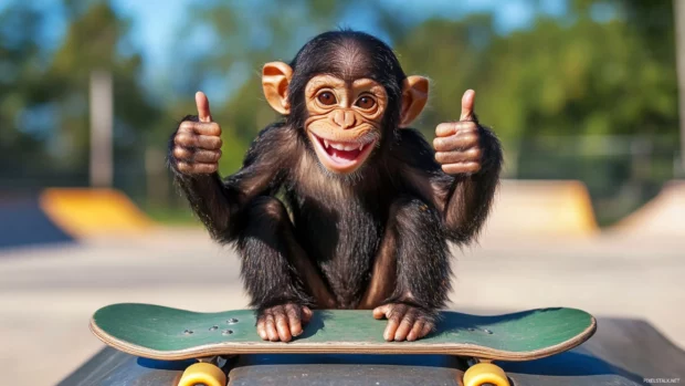 A small monkey showing a thumbs up with a cheeky smile standing on a skateboard ramp.