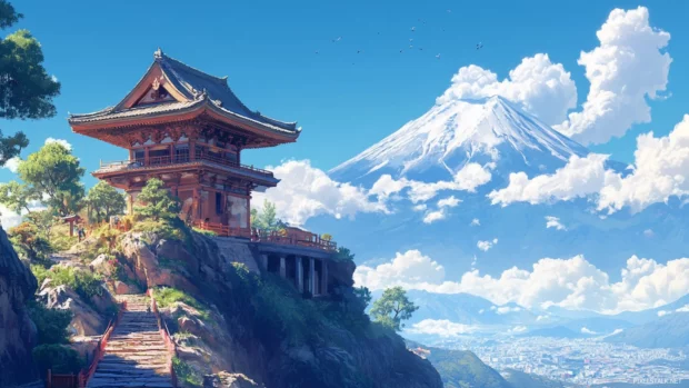 A small temple perched on a hillside with Mount Fuji towering in the background under clear skies.