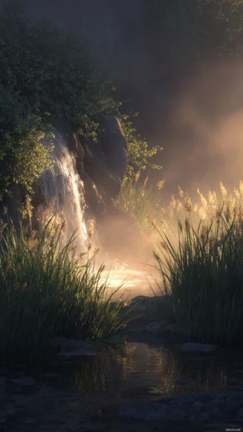 A small, tranquil Waterfall nestled among tall grass and softly glowing morning mist.