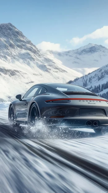 A snowy mountain backdrop where Porsche speeds along an icy road kicking up snow.