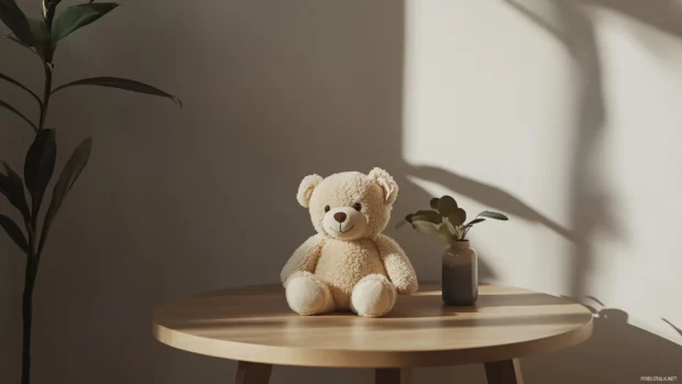 A soft Teddy Bear on a table, minimal backdrop.