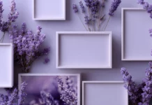 A soft aesthetic lavender digital wallpaper with minimal photo frames and cozy vibes.