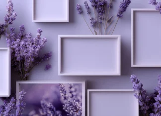 A soft aesthetic lavender digital wallpaper with minimal photo frames and cozy vibes.
