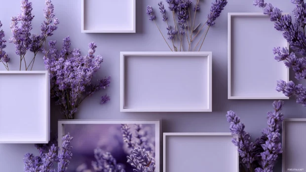 A soft aesthetic lavender digital wallpaper with minimal photo frames and cozy vibes.