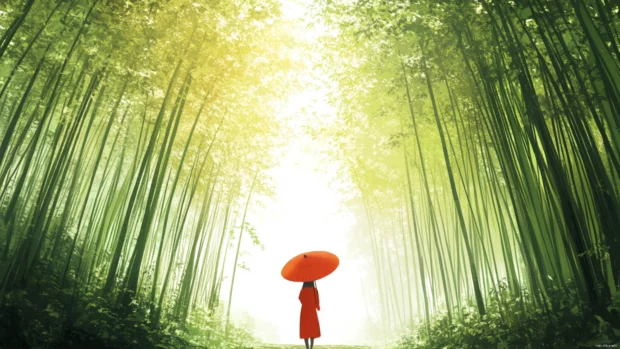 A soft anime scene of a girl holding a parasol walking through a quiet bamboo forest in Japan.