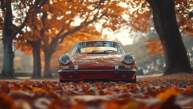 A soft focus shot of a vintage Porsche resting under autumn trees with fallen leaves scattered around.
