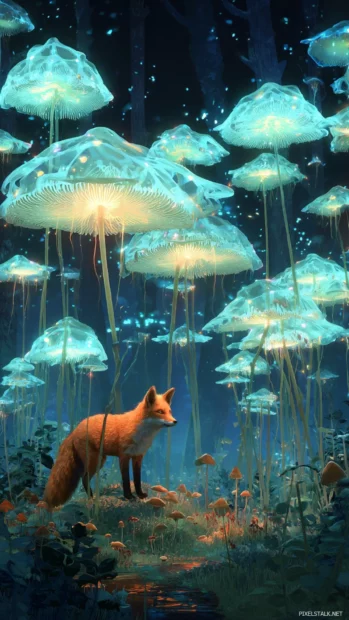 A soft lit night scene of a Fox under glowing mushrooms, magical bioluminescence, surreal forest vibes.