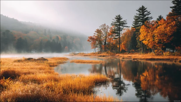 A soft morning mist rising over a calm lake surrounded by a rich fall landscape of vivid trees and golden grasses.