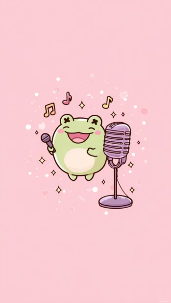 A soft pink Kawaii Frog Wallpaper with a frog singing karaoke with sparkling notes and a smiling microphone.