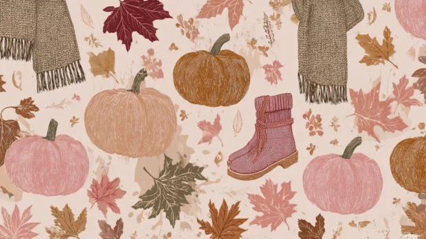 A soft preppy Fall tile featuring repeating motifs of pumpkins, scarves, and autumn leaves in dusty hues.