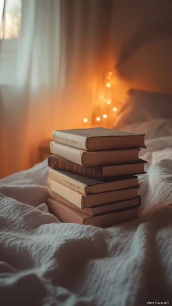 A soft toned stack of novels resting on a bed with warm light, perfect for a cozy book iPhone wallpaper.