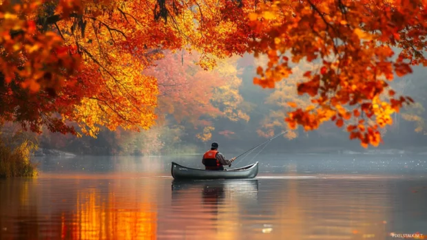 A solitary angler bass fishing from a canoe amidst fall foliage.