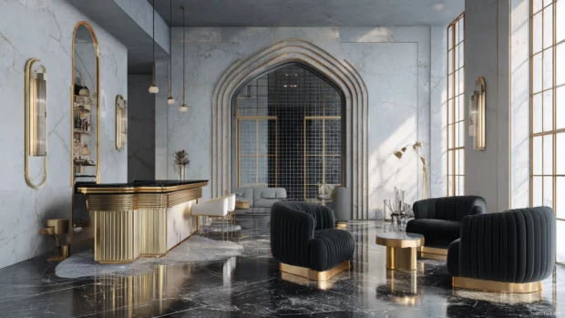 A sophisticated Luxury interior featuring metal accents, golden frames and polished bronze details.