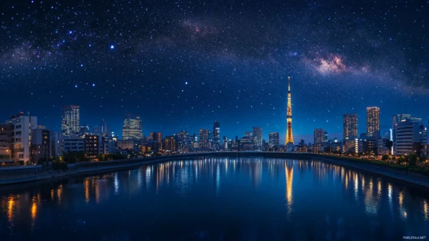 A sparkling view of Japans city skyline reflected in the river under a star filled night.