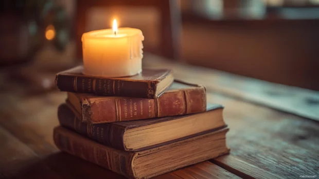 A stack of old Book classics beside a flickering candle, warm vintage ambiance.