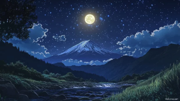 A star filled night sky above Mount Fuji as the snow capped peak glows under the moonlight.