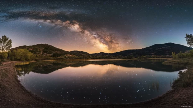 A star filled night sky above a calm mountain lake reflecting the Milky Way.