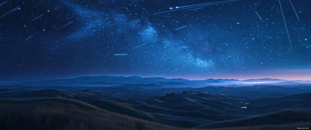A starry night sky over rolling hills displayed at 3440x1440 resolution with meteor showers streaking above.