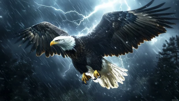 A stormy scene for American eagle wallpaper with lightning cracking behind its powerful flight.