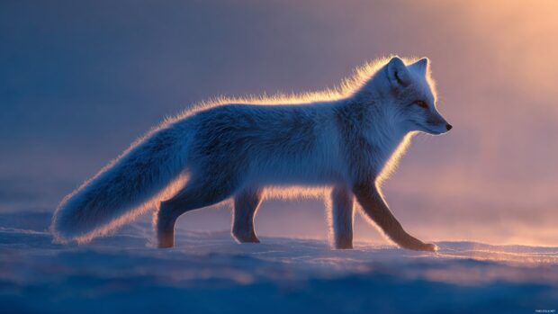 A striking photo wallpaper capturing a cool arctic fox walking across frozen tundra with soft dawn glow.