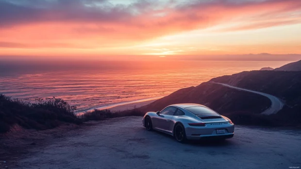 A striking shot of Porsche parked on a cliffside overlooking a sunset lit ocean horizon.
