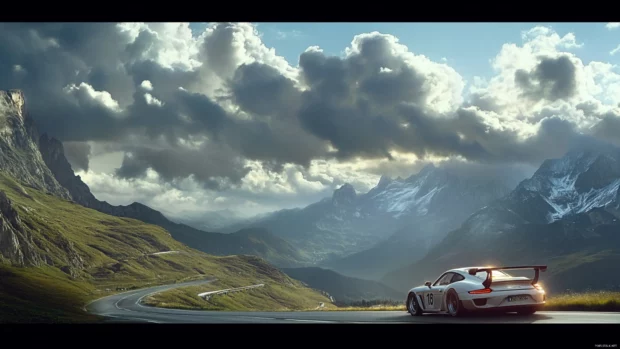 A stunning Porsche racing along a mountain highway with dramatic clouds above and sunlight glinting off the body.