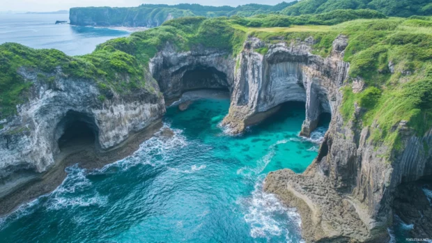 A stunning aerial shot of Japans coastal cliffs where turquoise waves crash against rugged rocks.
