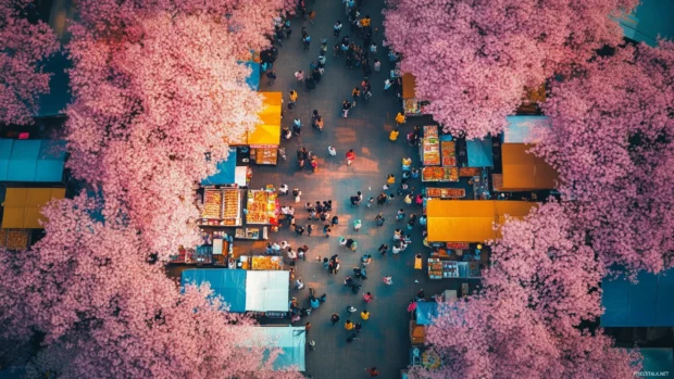 A stunning aerial view of a Japanese cherry blossom festival with colorful kimonos and food stalls beneath pink trees.