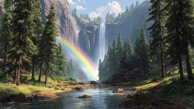 A stunning rainbow stretching across a towering Waterfall in a peaceful forest setting.