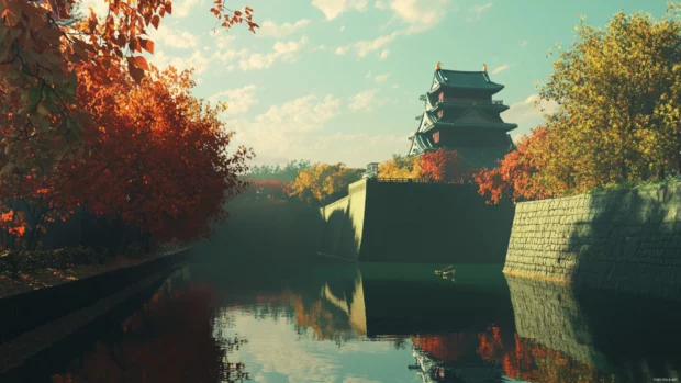 A stunning view of Osaka Castle in Japan rising proudly above a reflective moat surrounded by autumn foliage.