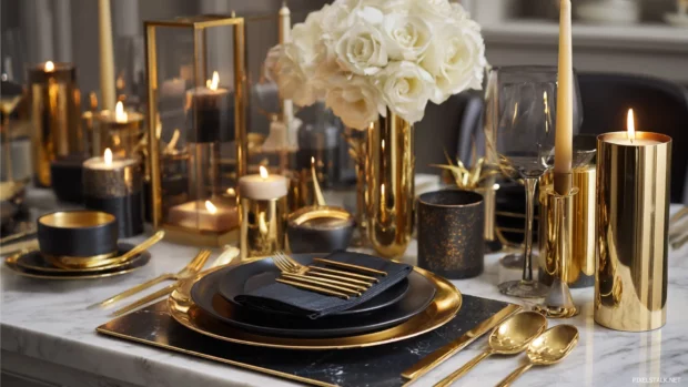 A stylish Luxury table set with golden cutlery, metal candle holders and a refined monochrome palette.