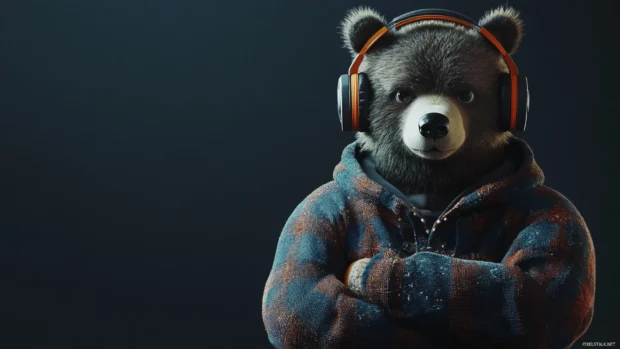 A stylish cool bear with headphones standing confidently.