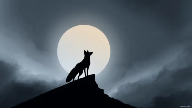 A stylized Fox silhouette standing on a cliff under a full moon, dramatic clouds and silver light, elegant and minimalistic.
