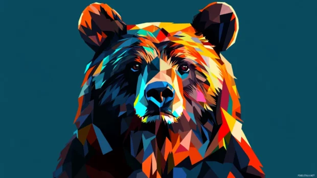 A stylized bear portrait using geometric patterns and bold contrasting colors.